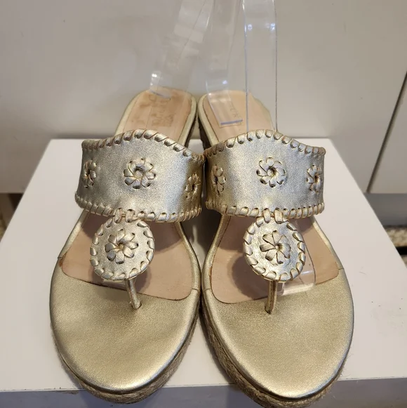 Jack Rogers “Jacks” Navajo Gold Leather Raffia Wedge Sandals Sz.8.5  Ret.$148 - Picture 2 of 9